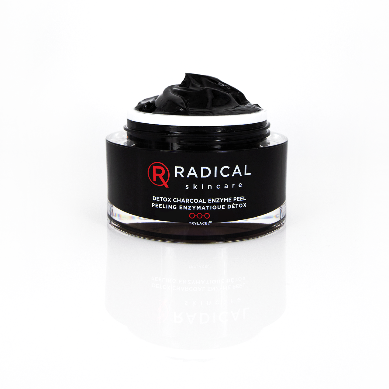 Radical Skincare Detox Charcoal Enzyme Peel 50ml open jar with black peel texture